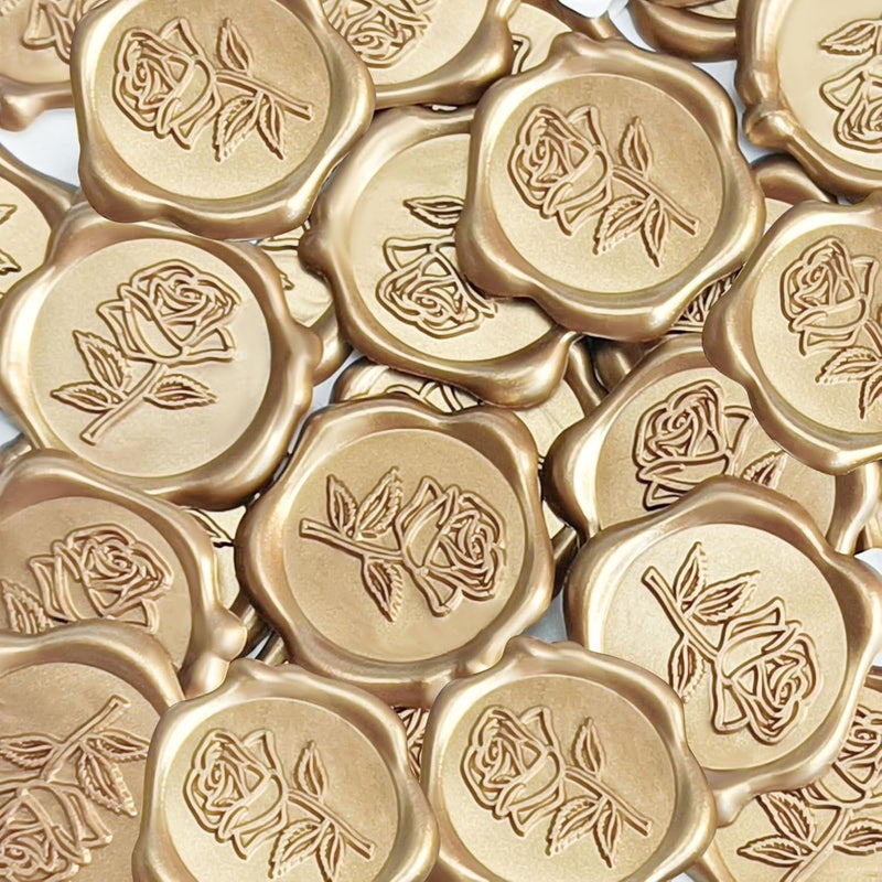 Pilloze 50 Pcs Gold Rose Wax Seal Stickers, Rose Envelope Wax Seal, Wedding Invitation Accessories, Easy to Use Gold Envelope Stickers with Good Adhesion - Image 1